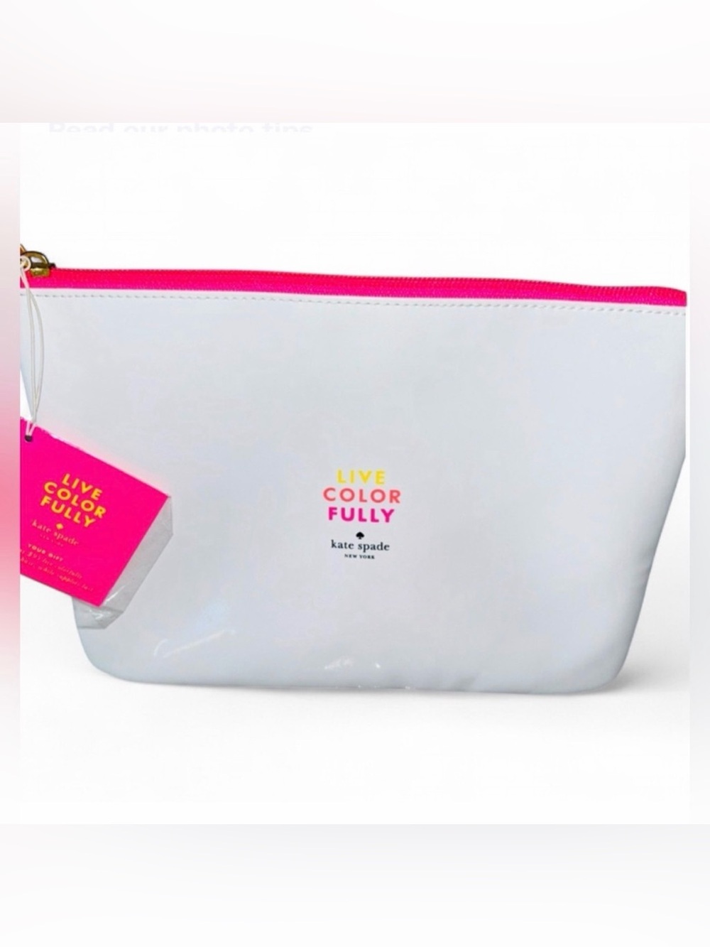NEW Kate Spade Cosmetic Make-Up Bag LIVE COLORFULLY Bag Pouch White Neon NWT